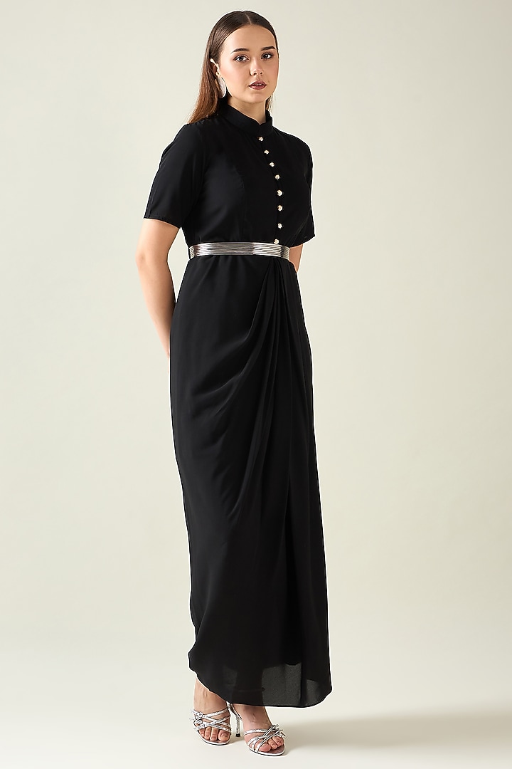 Black Moss Crepe Coral Summer Dress With Belt by Aakaar at Pernia's Pop Up Shop