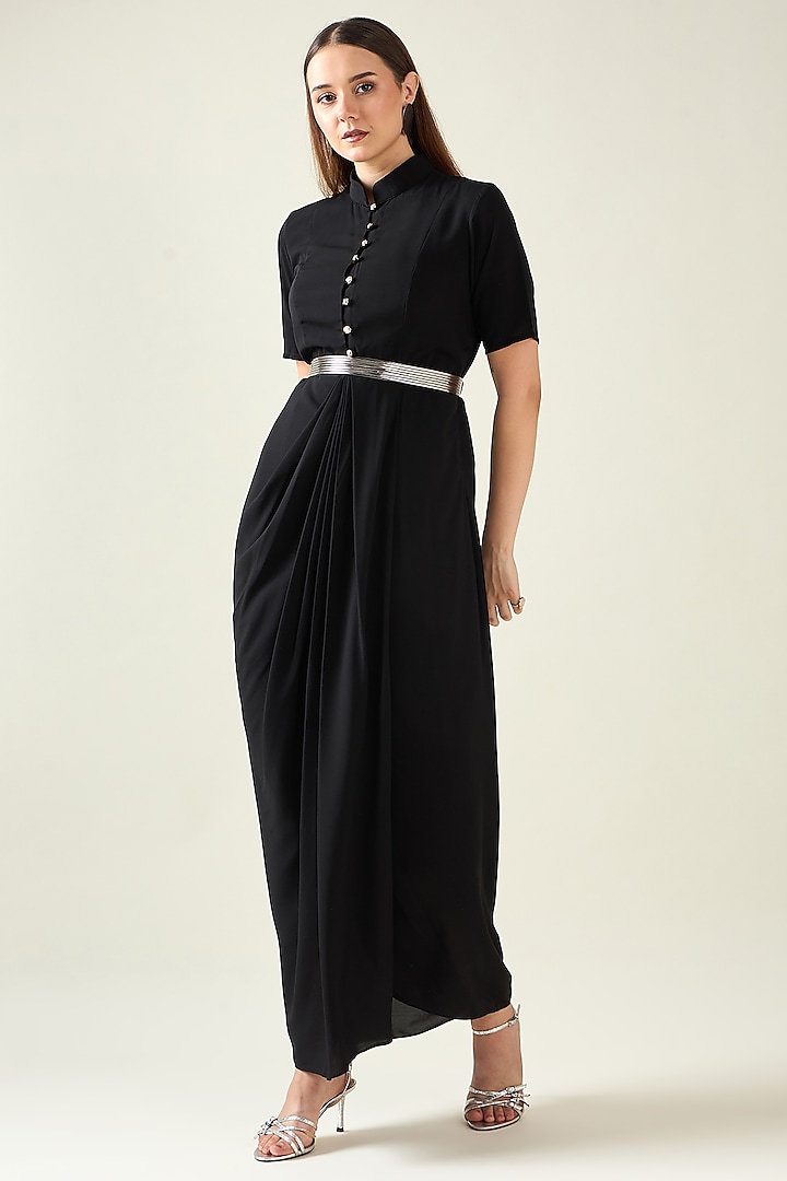 Black Moss Crepe Coral Summer Dress With Belt by Aakaar at Pernia's Pop Up Shop