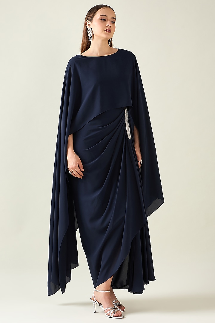 Navy Blue Moss Crepe Draped Summer Dress by Aakaar at Pernia's Pop Up Shop