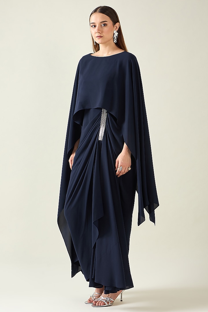Navy Blue Moss Crepe Draped Summer Dress by Aakaar at Pernia's Pop Up Shop