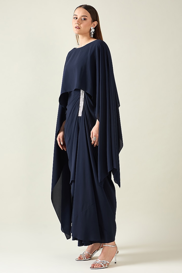 Navy Blue Moss Crepe Draped Summer Dress by Aakaar at Pernia's Pop Up Shop