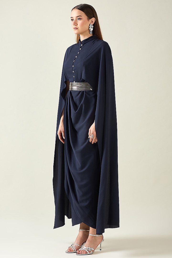 Navy Blue Moss Crepe Draped Summer Dress With Belt by Aakaar at Pernia's Pop Up Shop