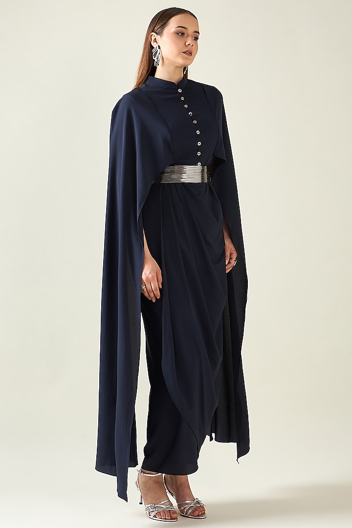 Navy Blue Moss Crepe Draped Summer Dress With Belt by Aakaar at Pernia's Pop Up Shop