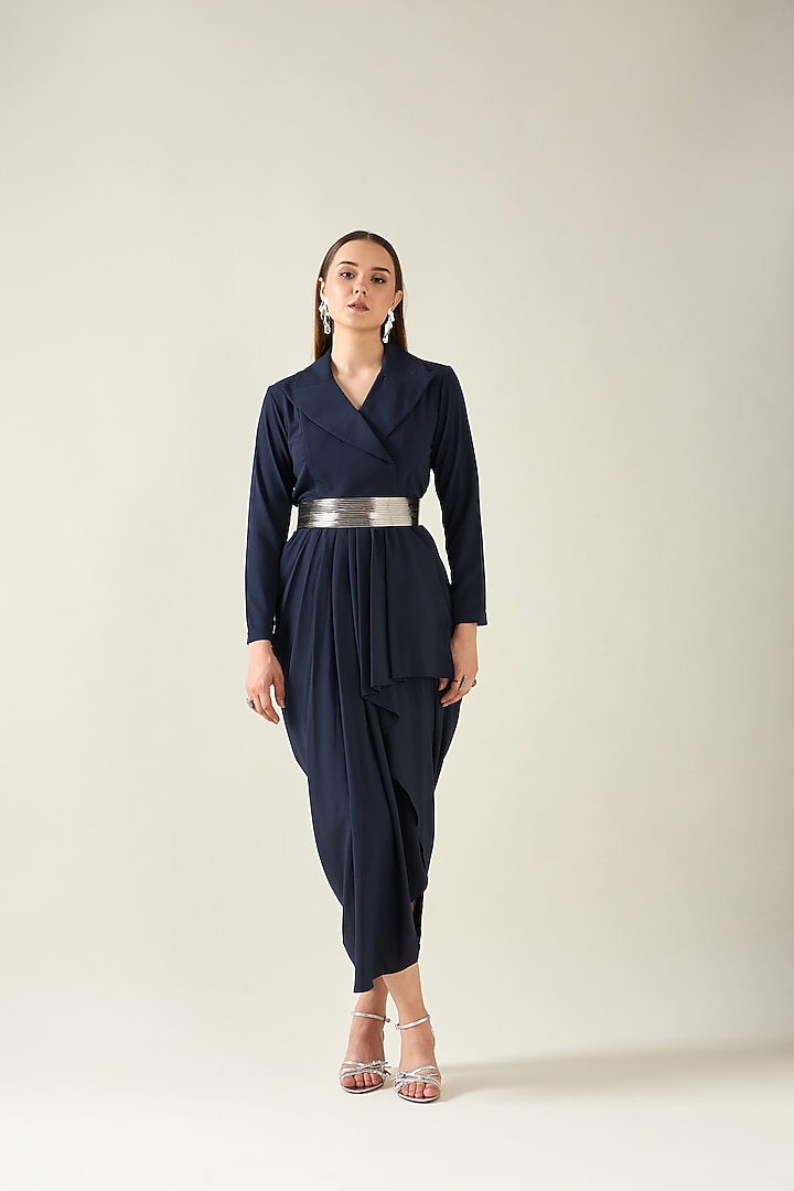 Navy Blue Moss Crepe Summer Dress With Belt by Aakaar at Pernia's Pop Up Shop