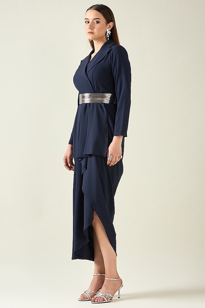 Navy Blue Moss Crepe Summer Dress With Belt by Aakaar at Pernia's Pop Up Shop