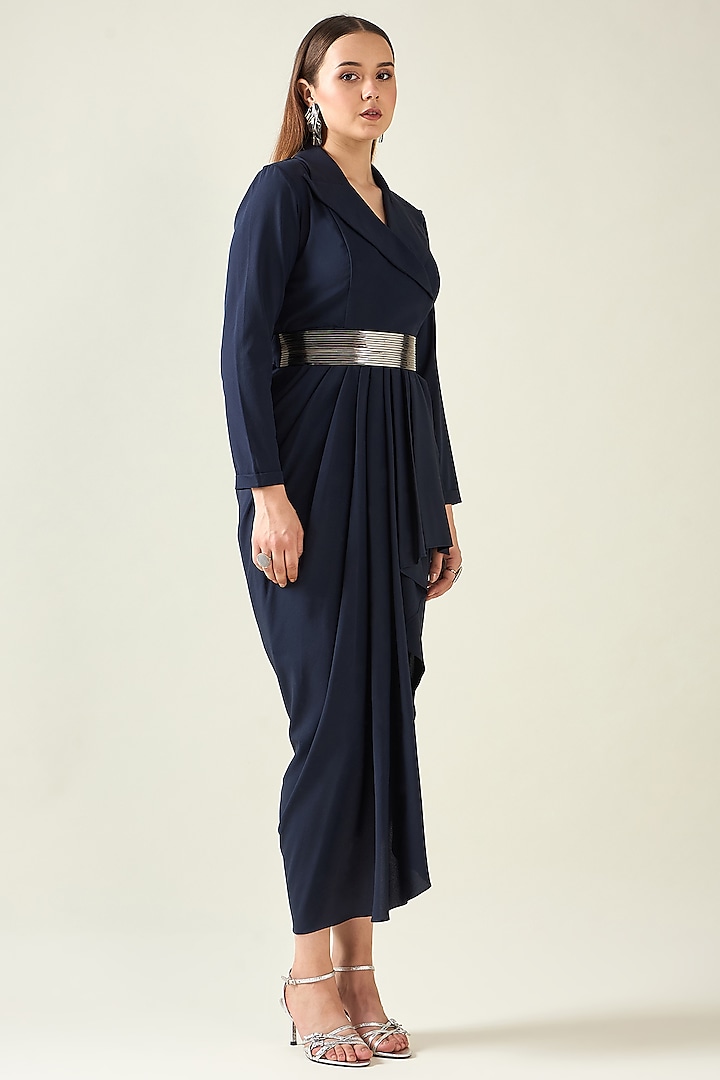 Navy Blue Moss Crepe Summer Dress With Belt by Aakaar at Pernia's Pop Up Shop