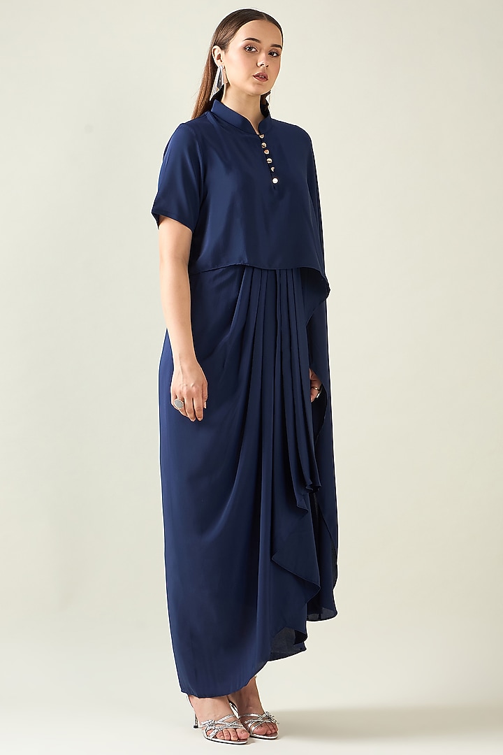 Navy Blue Moss Crepe Draped Summer Dress by Aakaar at Pernia's Pop Up Shop