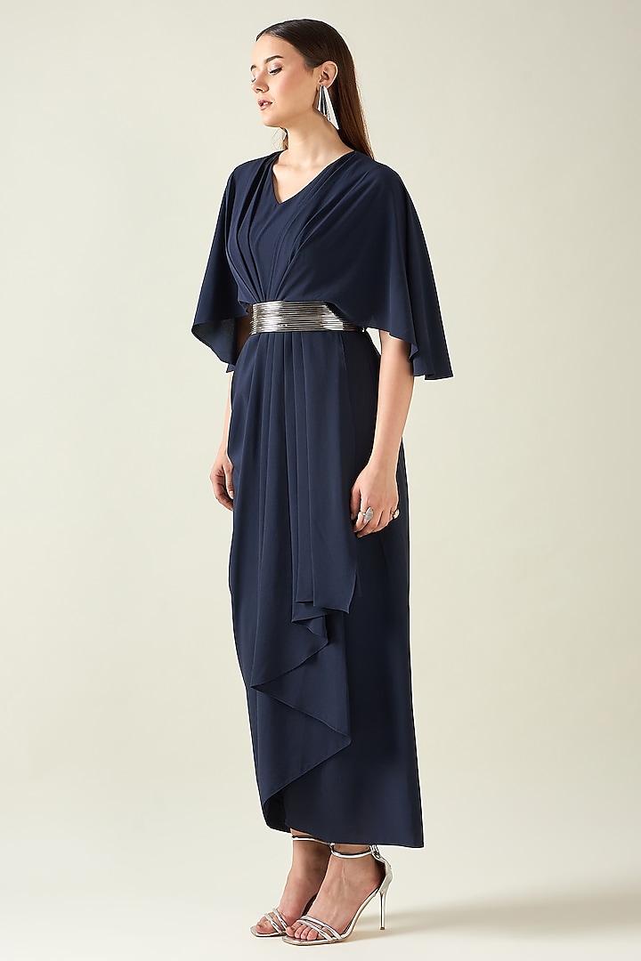 Midnight Navy Moss Crepe Summer Dress With Belt by Aakaar at Pernia's Pop Up Shop