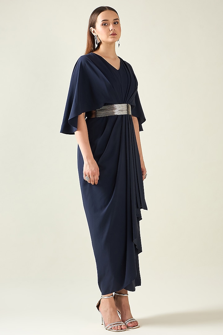 Midnight Navy Moss Crepe Summer Dress With Belt by Aakaar at Pernia's Pop Up Shop