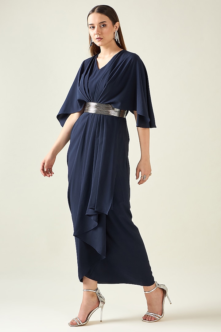 Midnight Navy Moss Crepe Summer Dress With Belt by Aakaar at Pernia's Pop Up Shop