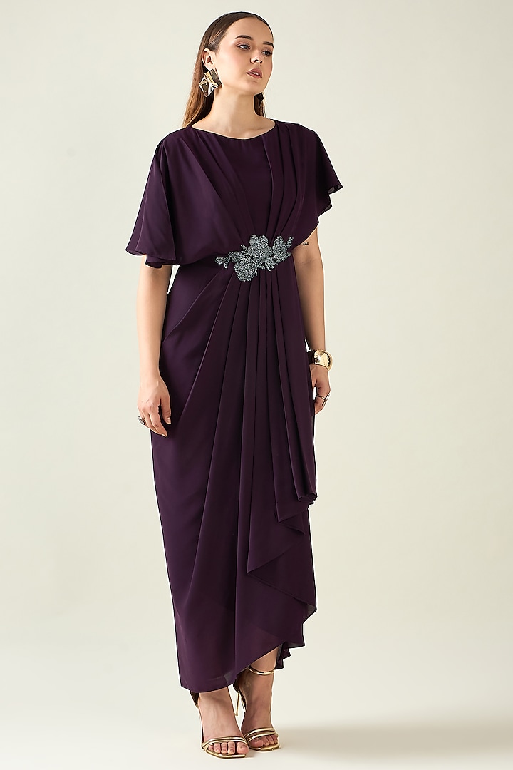 Purple Moss Crepe Crystal Draped Summer Dress by Aakaar at Pernia's Pop Up Shop