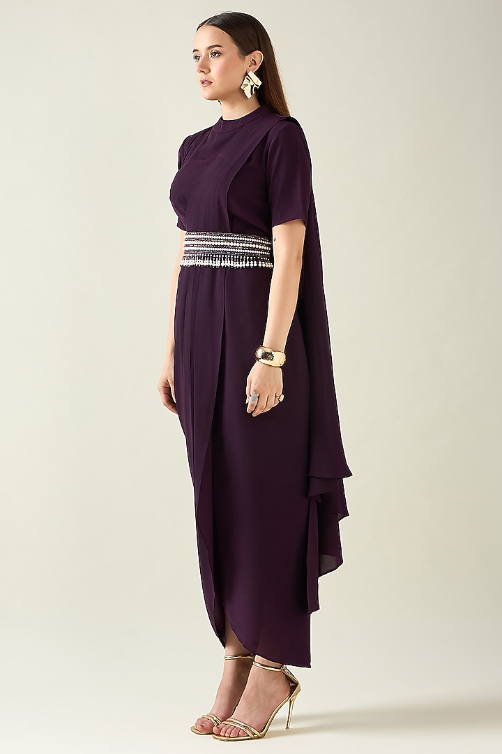 Purple Moss Crepe Draped Summer Dress With Embellished Belt by Aakaar at Pernia's Pop Up Shop