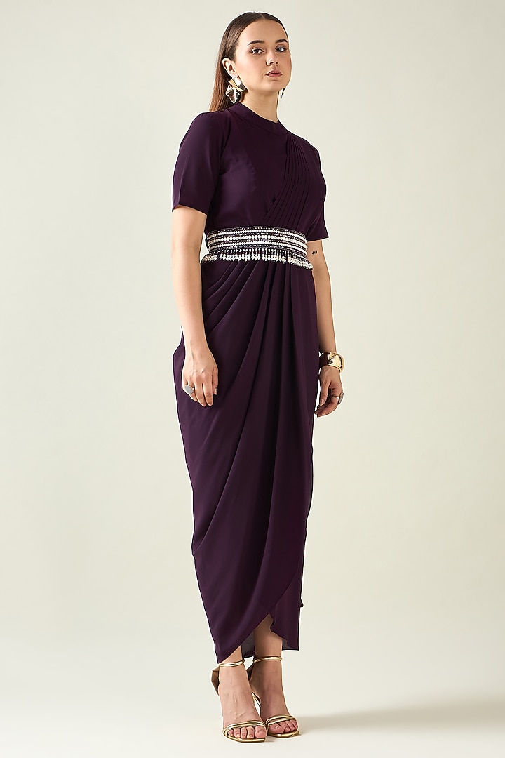 Purple Moss Crepe Draped Summer Dress With Embellished Belt by Aakaar at Pernia's Pop Up Shop