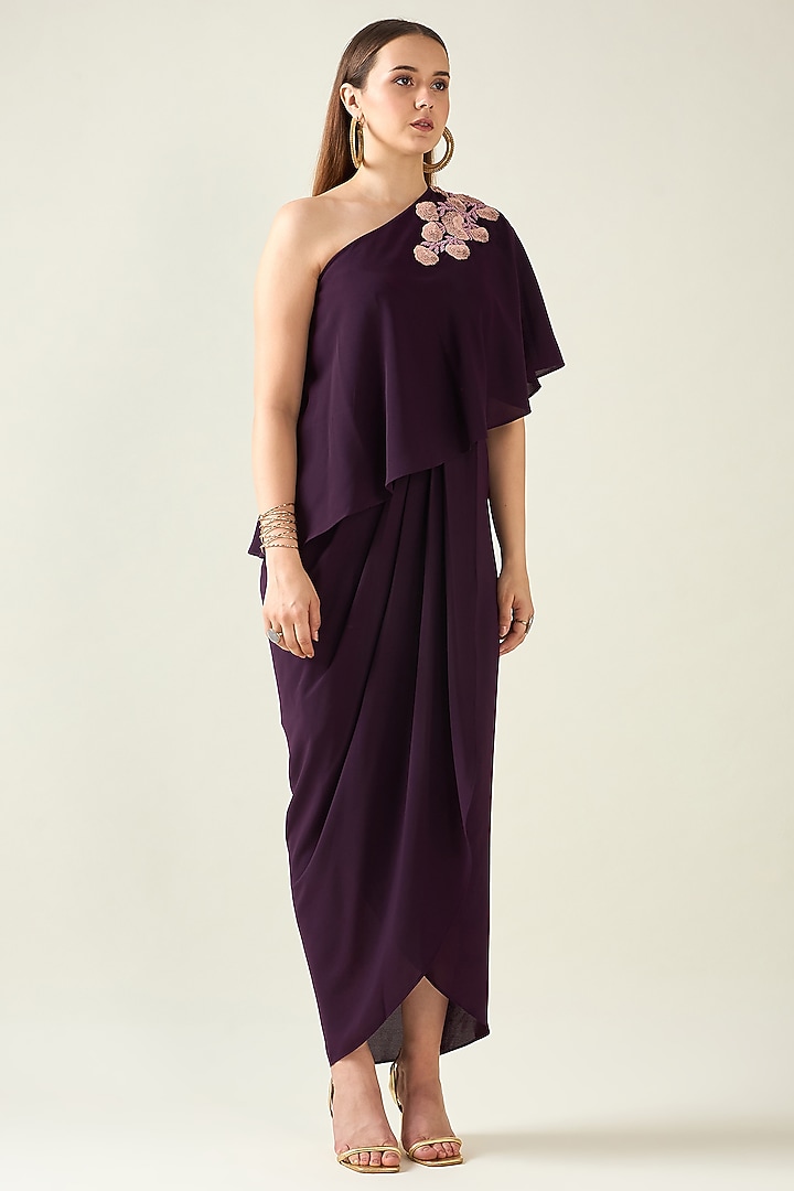 Purple Moss Crepe Floral One-Shoulder Summer Dress by Aakaar at Pernia's Pop Up Shop