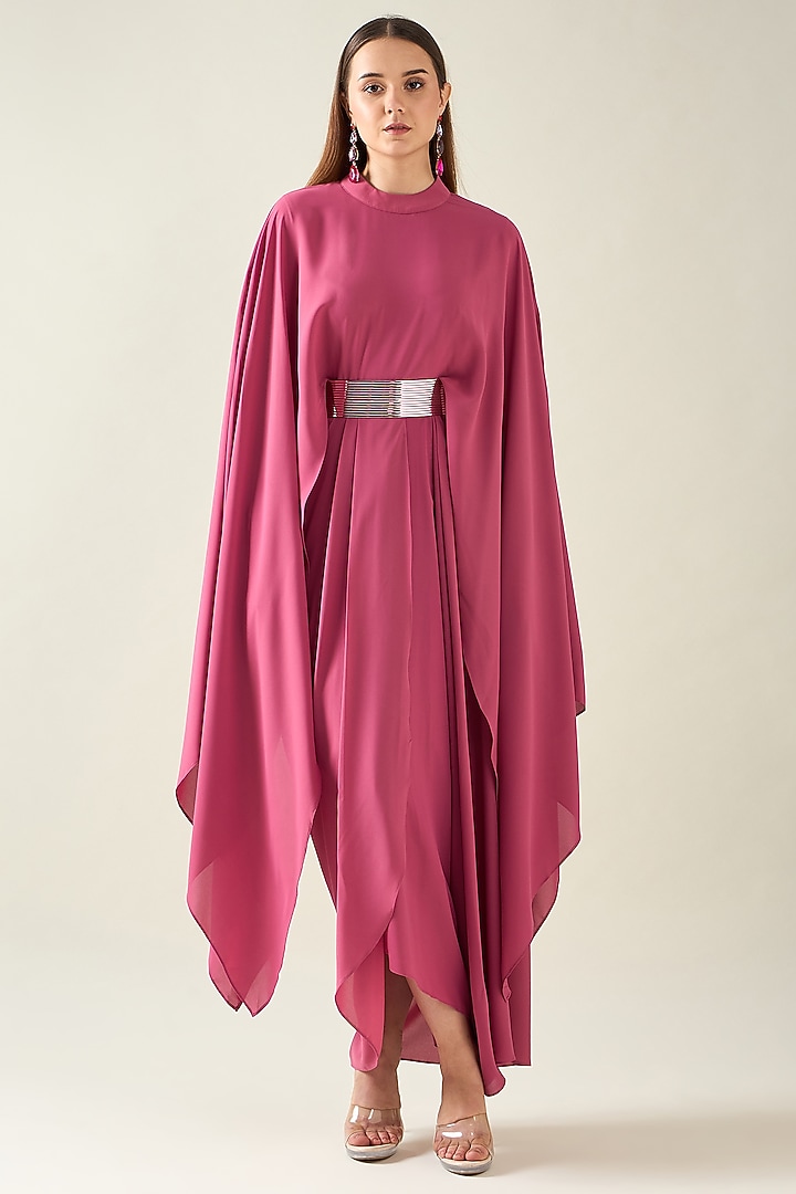 Pink Moss Crepe Summer Dress With Belt by Aakaar at Pernia's Pop Up Shop