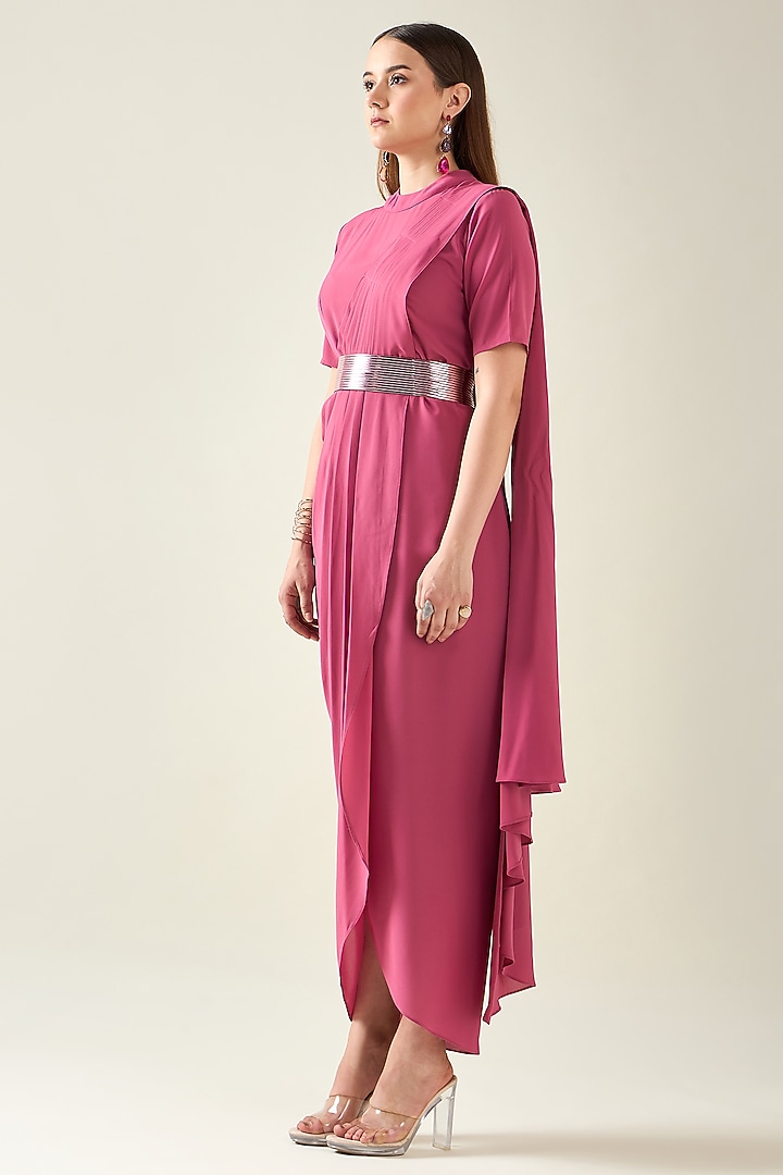Pink Moss Crepe Draped Summer Dress With Belt by Aakaar at Pernia's Pop Up Shop