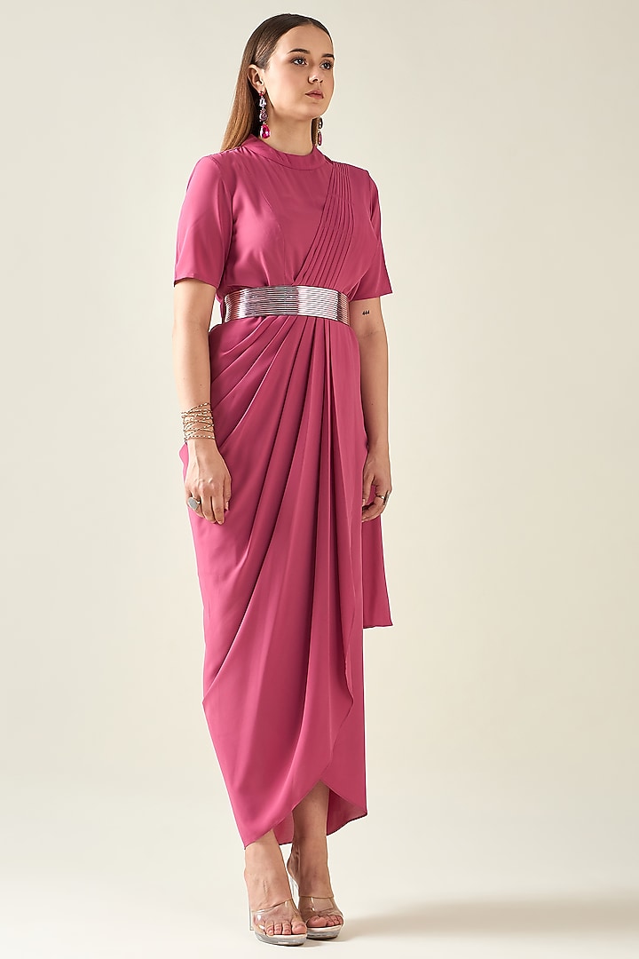 Pink Moss Crepe Draped Summer Dress With Belt by Aakaar at Pernia's Pop Up Shop