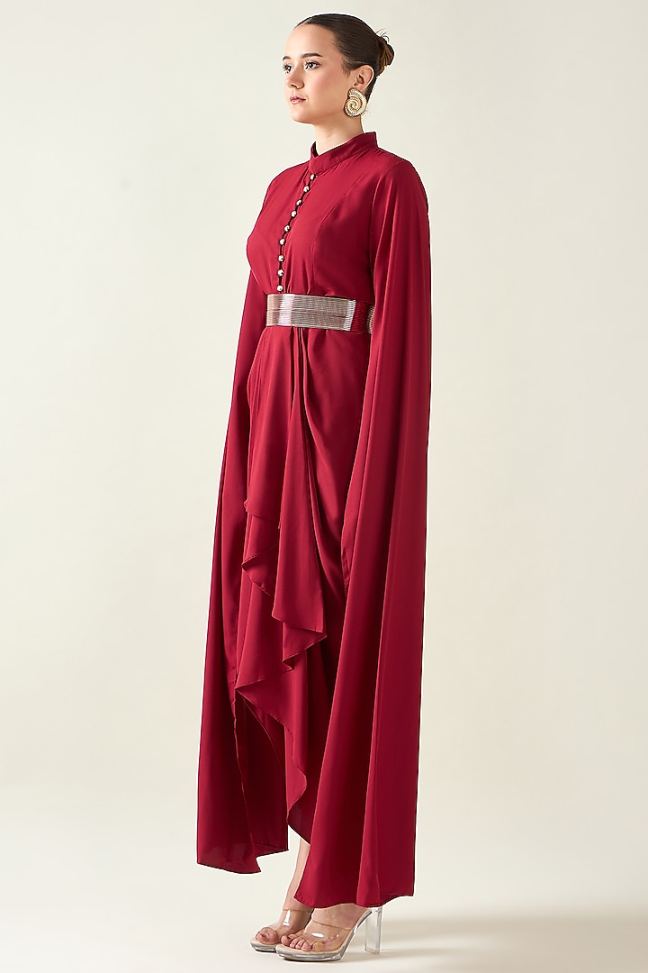 Red Moss Crepe Draped Summer Dress With Belt by Aakaar at Pernia's Pop Up Shop