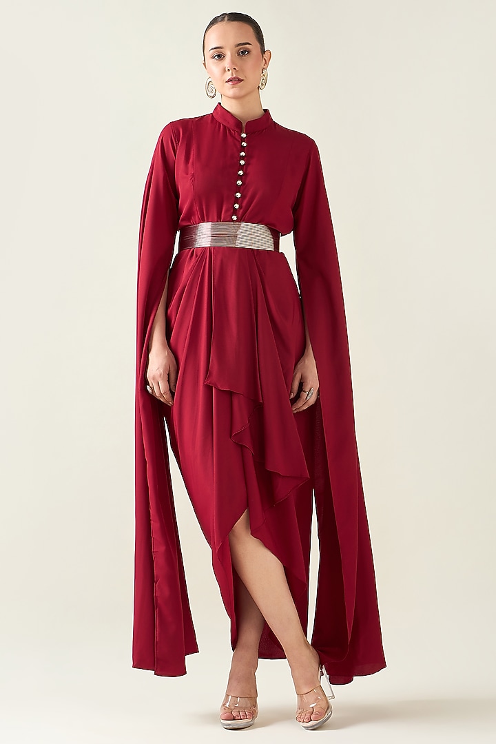 Red Moss Crepe Draped Summer Dress With Belt by Aakaar at Pernia's Pop Up Shop
