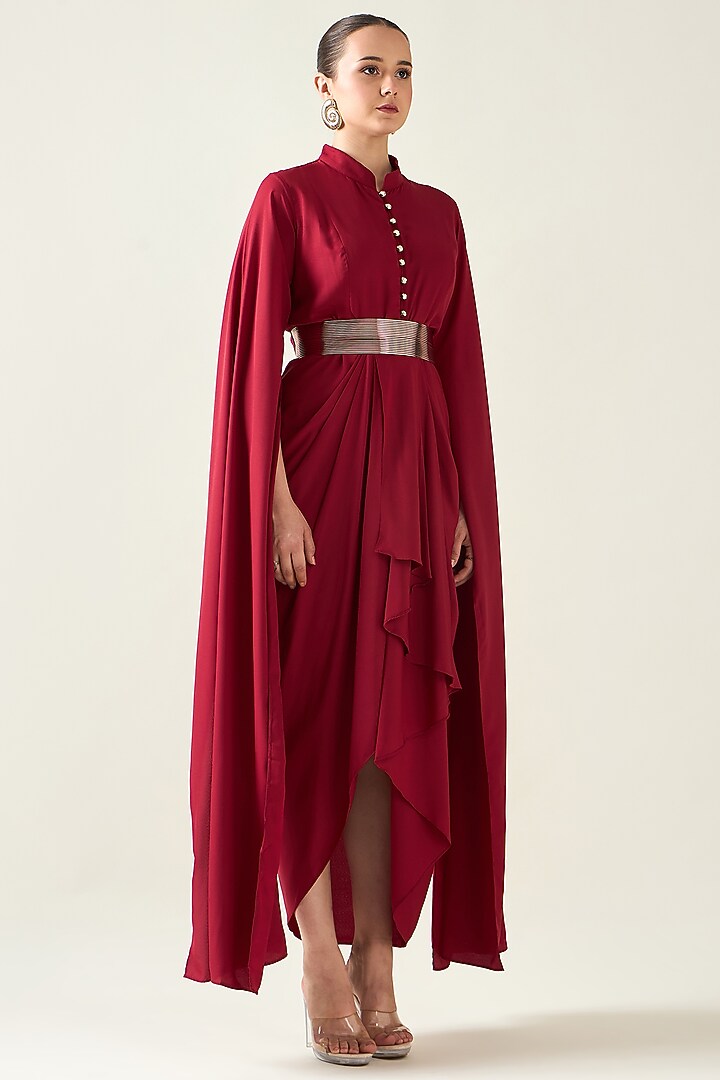 Red Moss Crepe Draped Summer Dress With Belt by Aakaar at Pernia's Pop Up Shop
