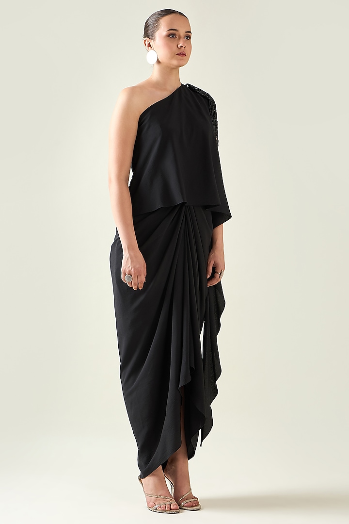Black Moss Crepe One-Shoulder Summer Dress by Aakaar at Pernia's Pop Up Shop