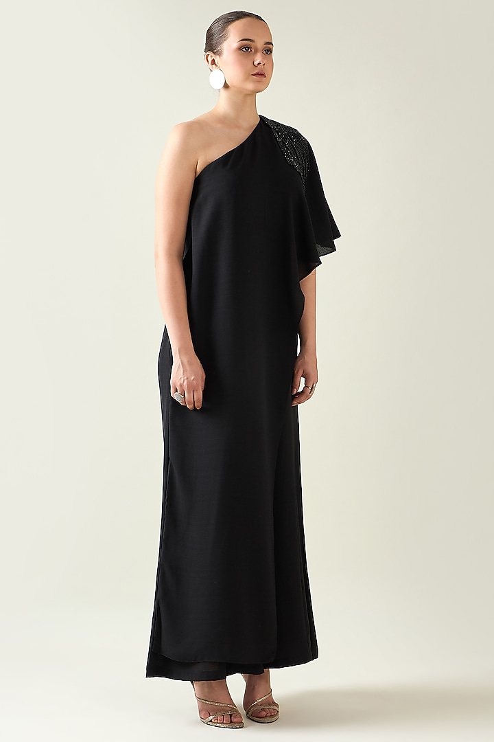 Black Moss Crepe Crystal Applique Embroidered One-Shoulder Jumpsuit by Aakaar at Pernia's Pop Up Shop