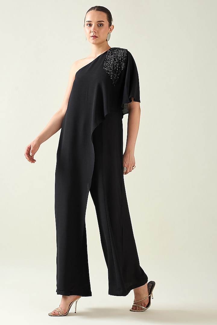 Black Moss Crepe Crystal Applique Embroidered One-Shoulder Jumpsuit by Aakaar at Pernia's Pop Up Shop