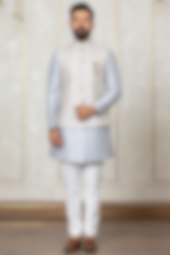 Grey Fire Silk Embroidered Nehru Jacket With Kurta Set by Laromani