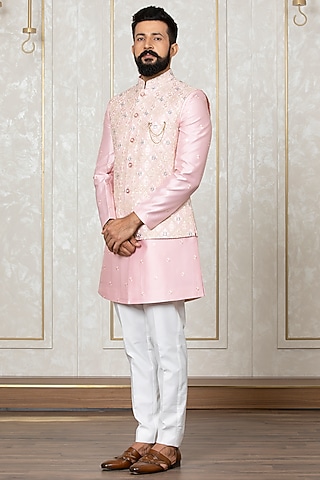 Fawn Fire Silk Embroidered Nehru Jacket With Kurta Set by Laromani