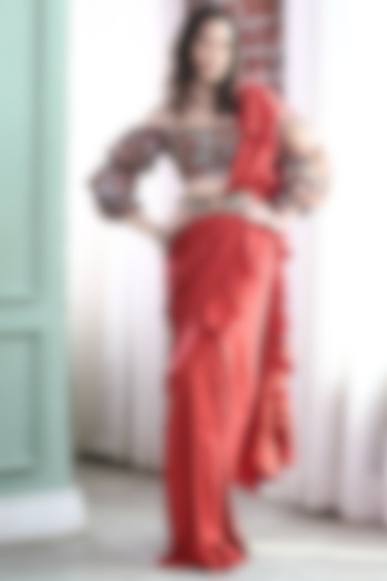 Red & Brown Embroidered Pre-Stitched Party Wear Saree Set by Gunu Sahni at Pernia's Pop Up Shop