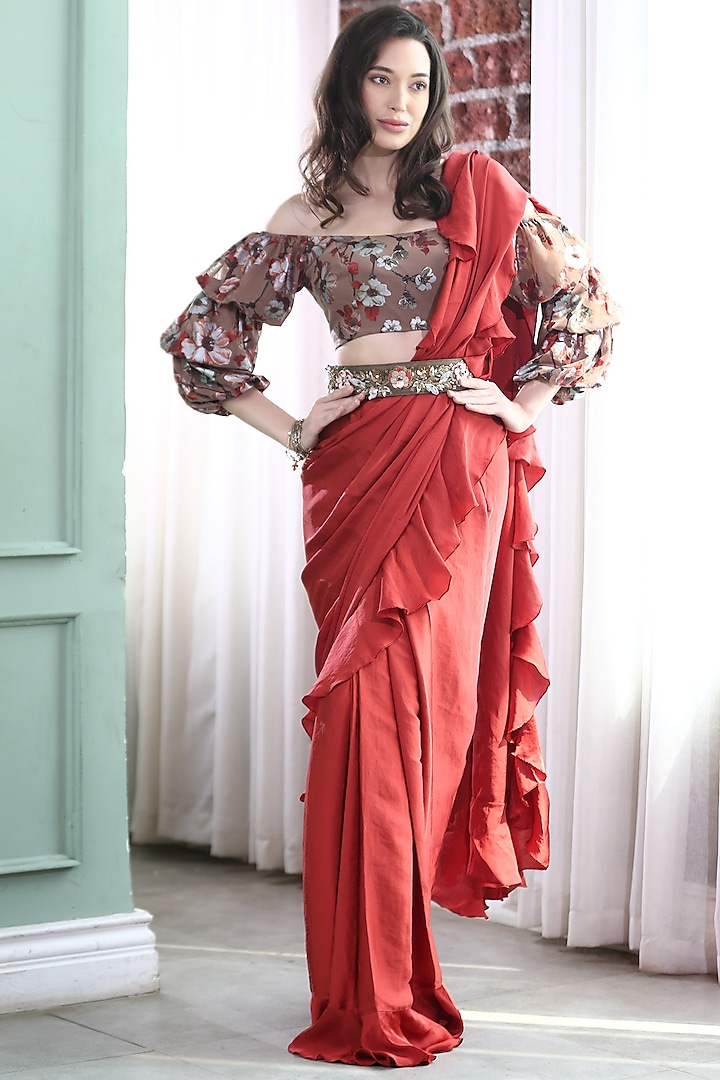 Red & Brown Embroidered Pre-Stitched Saree Set by Gunu Sahni