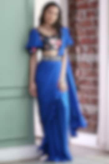 Royal Blue Embroidered Pre-Stitched Party Wear Saree Set by Gunu Sahni at Pernia's Pop Up Shop
