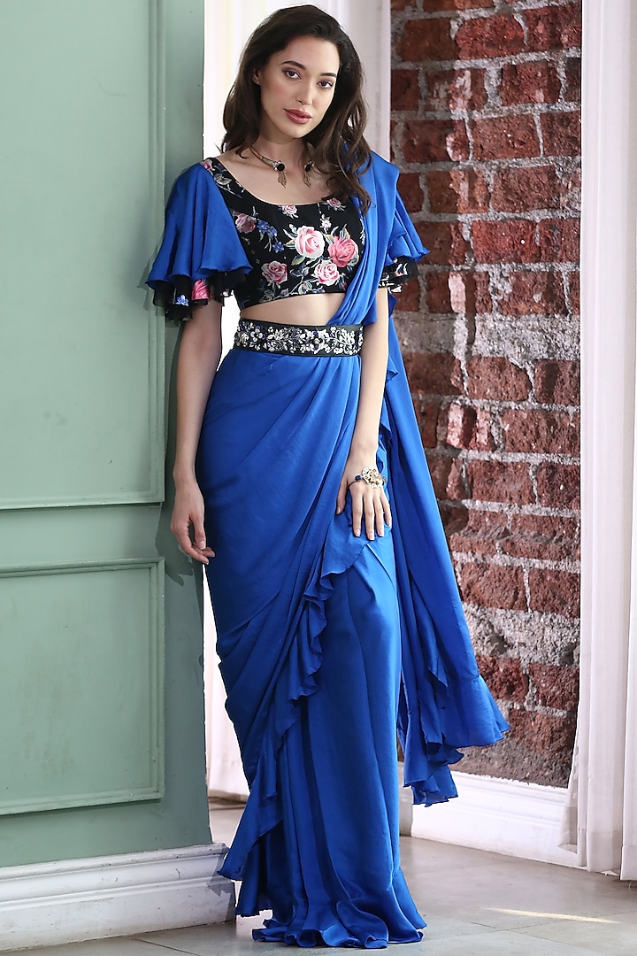 Royal Blue Embroidered Pre-Stitched Saree Set by Gunu Sahni