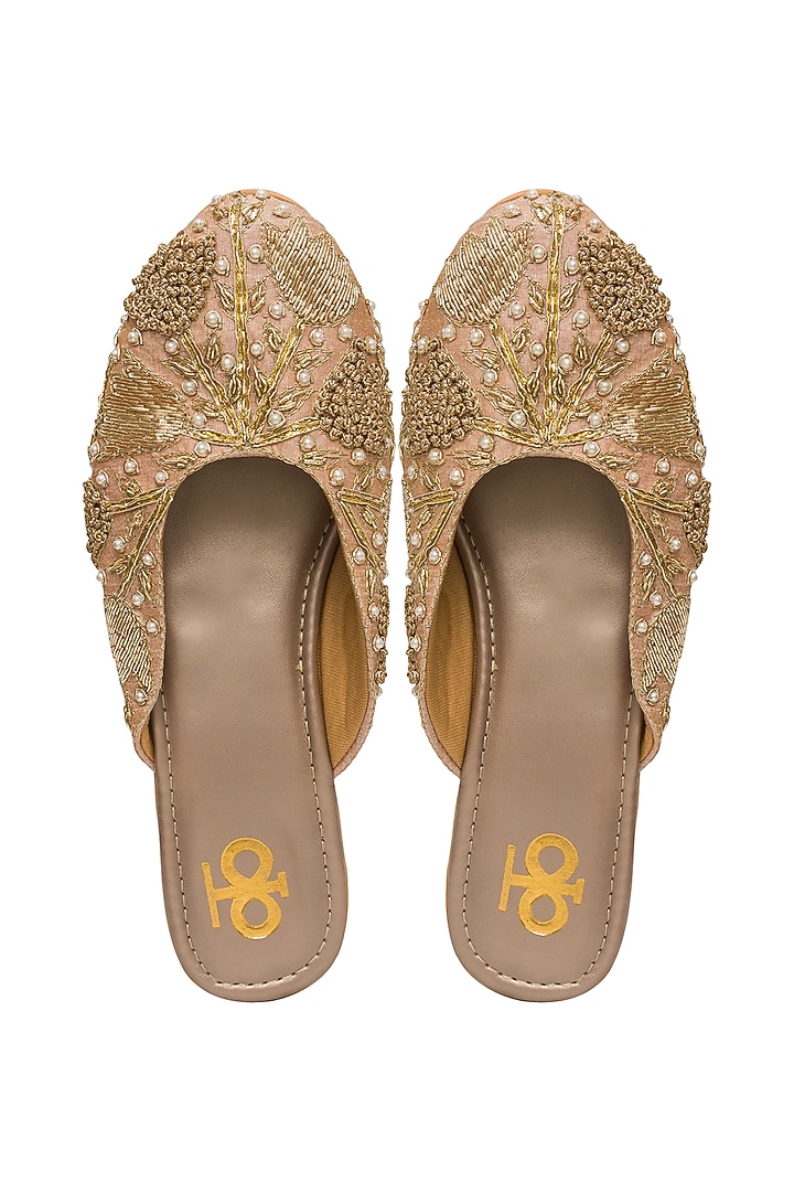 Rose Gold Silk Pearl Embroidered Mule Flats by Kkarma Accessories at Pernia's Pop Up Shop
