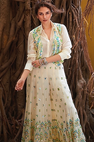 Ivory Embroidered Pant Set by GOPI VAID