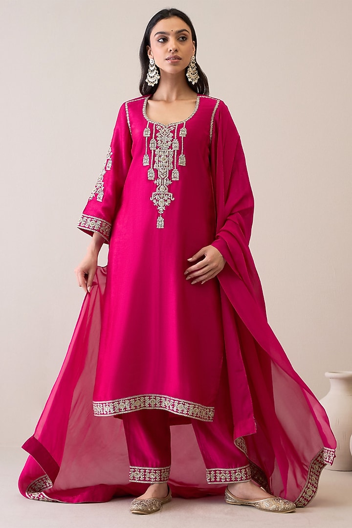 Magenta Viscose Raw Silk & Silk Organza Zari Hand Embroidered Kurta Set by RoohbyRidhimaa at Pernia's Pop Up Shop