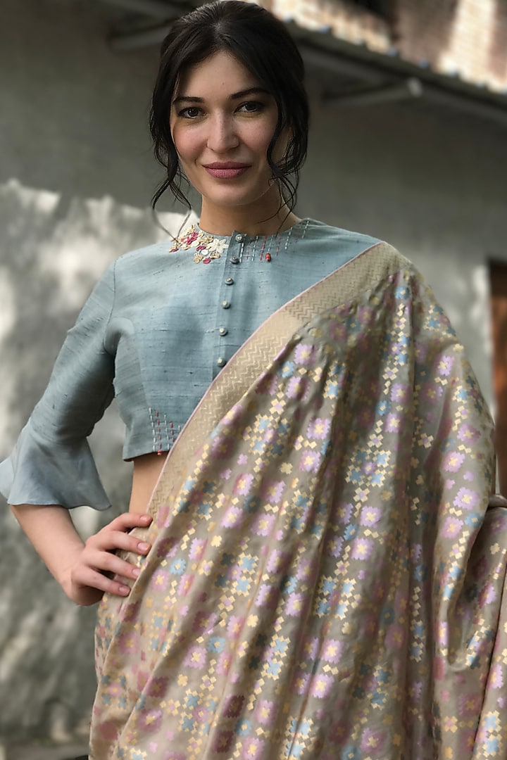 Beige Silk Ikat Printed Wedding Saree Set by I AM DESIGN at Pernia's Pop Up Shop