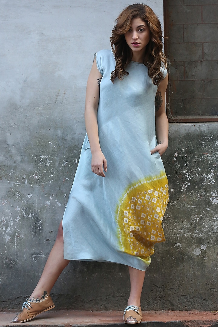 Blue & Mustard Printed Cowl Kurta Dress by I AM DESIGN at Pernia's Pop Up Shop