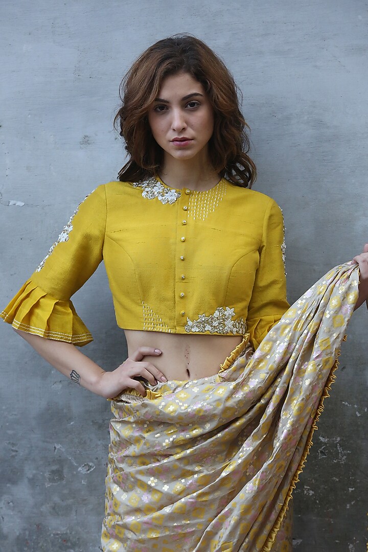 Beige Gold Printed Wedding Saree Set by I AM DESIGN at Pernia's Pop Up Shop