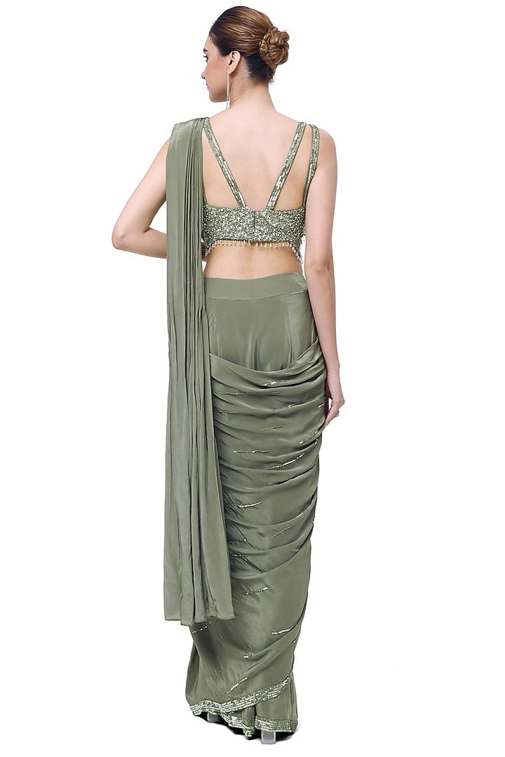 Green Crepe Draped Party Wear Saree Set by Onaya at Pernia's Pop Up Shop