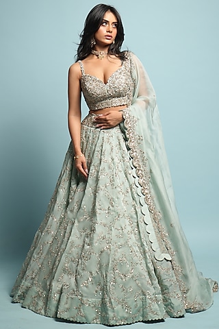 Mint Green Tulle Lehenga Set by Mrunalini Rao