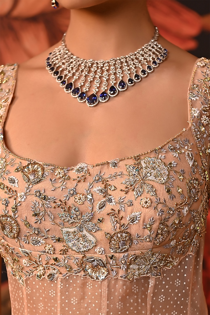Blush Pink Pure Silk Organza Embroidered Bridal Anarkali Set by MOLEDRO at Pernia's Pop Up Shop