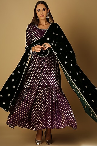 Violet Georgette Brocade Anarkali by Monk & Mei