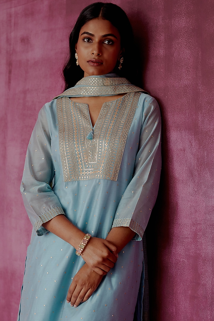 Powder Blue Embroidered Kurta Set by POULI at Pernia's Pop Up Shop