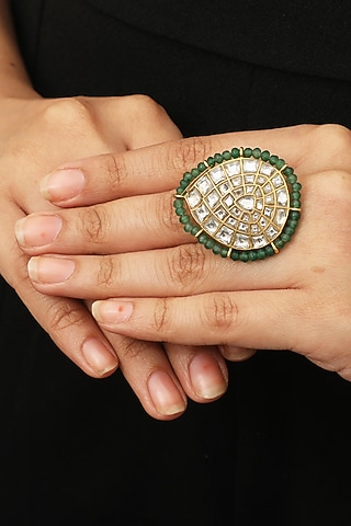 Gold Plated Sea Green Jadtar Stone Ring by Riana Jewellery