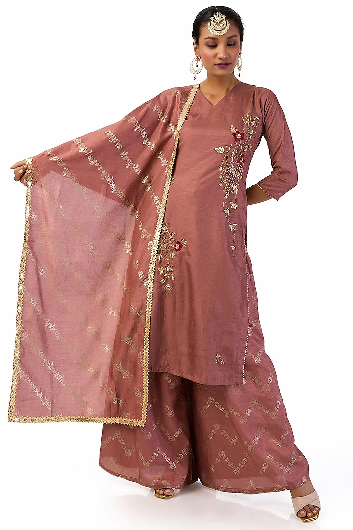 Mauve Hand Embroidered Kurta Set by Meghna Shah