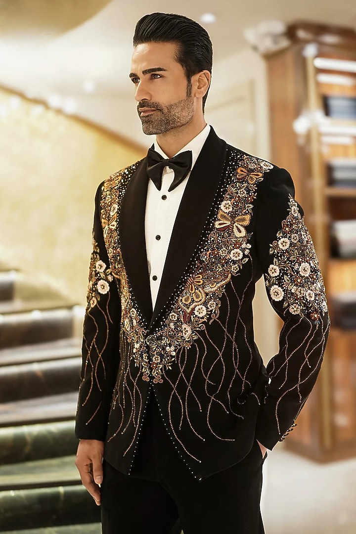 Black Magna Thread & Cutdana Embroidered Tuxedo Set by Bharat Reshma at Pernia's Pop Up Shop