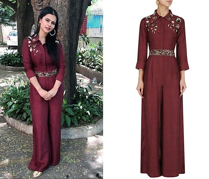 Maroon 3D sequins embellished jumpsuit with belt available only at Pernia's Pop Up Shop.