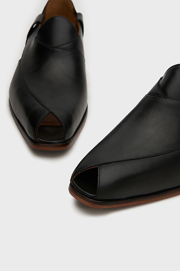 Black Leather Peshawari Sandals by Nauvab at Pernia's Pop Up Shop