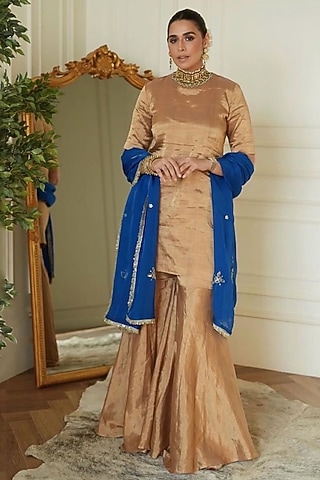 Gold Silk Cotton Gharara Set by Sheela Suthar